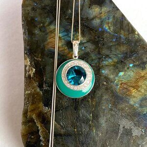 Sterling Silver 925 David Sigal Round Turquoise Enamel Pendant Necklace 20"